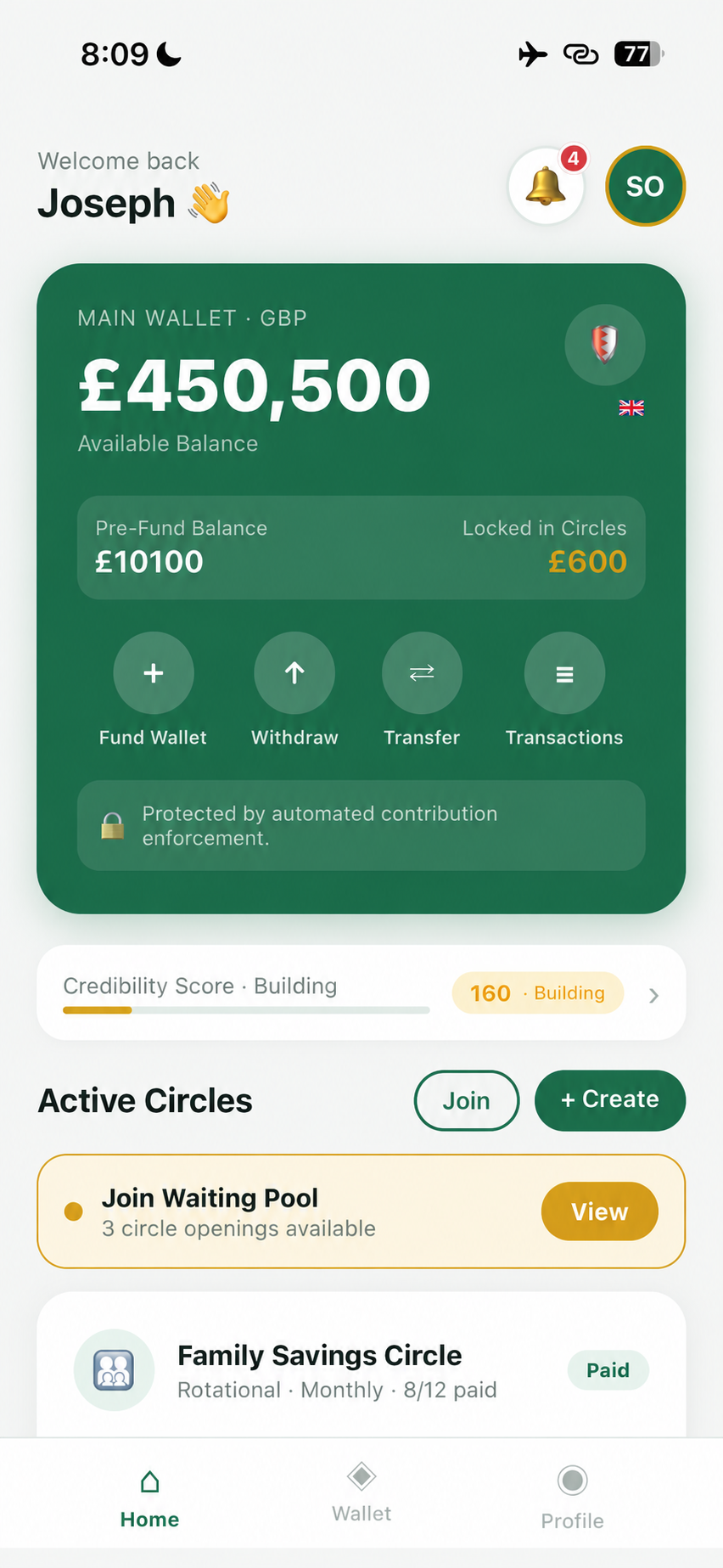 CoSayv home screen showing wallet balance and active circles