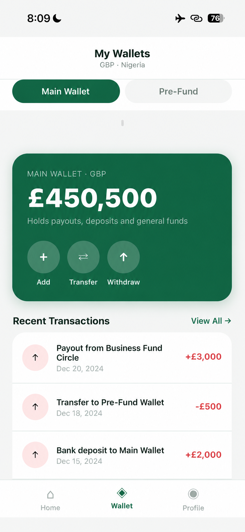 CoSayv wallet screen showing balance and recent transactions